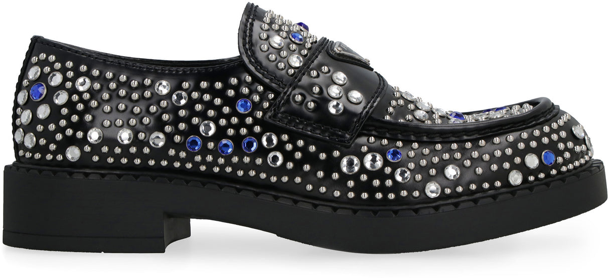 PRADA Premium Leather Loafers with Rhinestone Accents