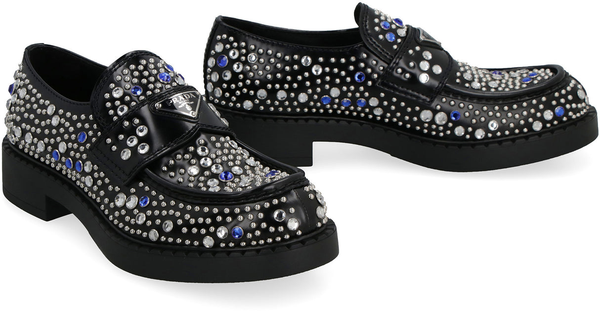 PRADA Premium Leather Loafers with Rhinestone Accents