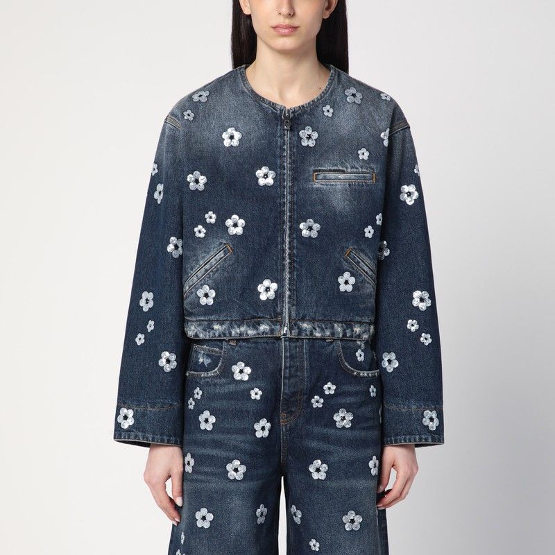 MARC JACOBS Mini Cropped Denim Jacket with Daisy Sequins