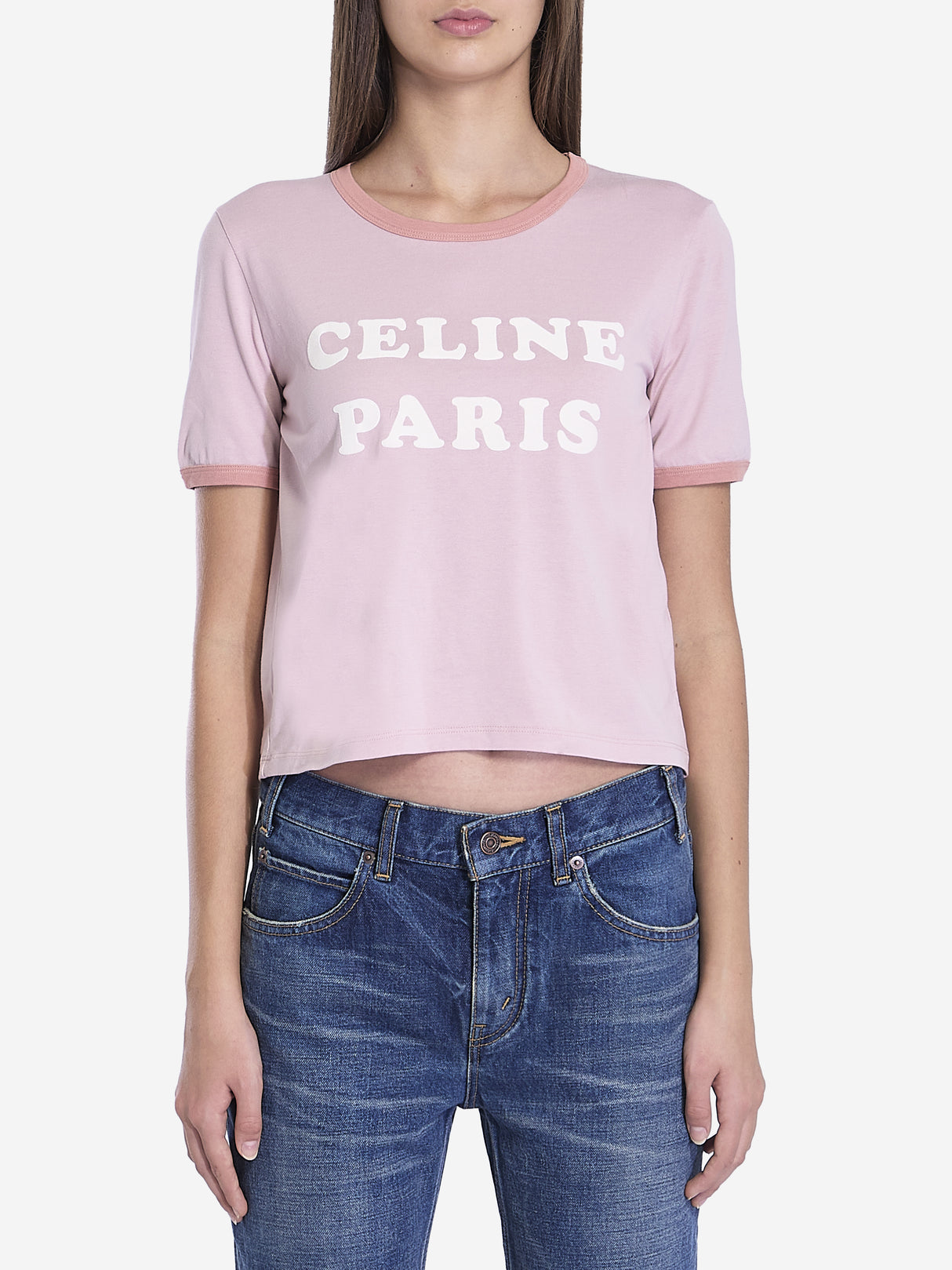 CELINE Cropped Crewneck T-Shirt for Women - Light Pink