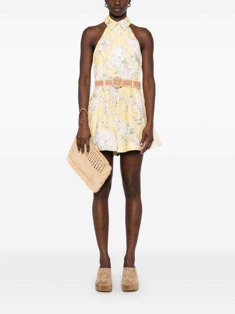 ZIMMERMANN Mini Yellow Printed Linen Playsuit with Detachable Belt