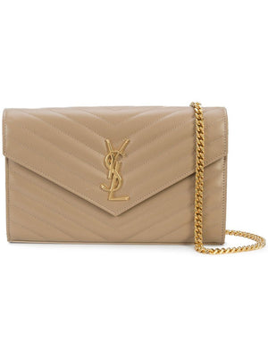 SAINT LAURENT Ochre Monogram Chain Wallet in Quilted Leather with Gold-Tone Accents