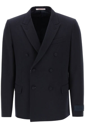 VALENTINO GARAVANI Men's Navy Blue Raffia Double-Breasted Blazer (2024 Autumn/Winter Collection)