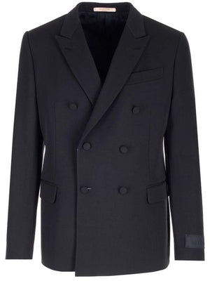 VALENTINO GARAVANI Men's Navy Blue Raffia Double-Breasted Blazer (2024 Autumn/Winter Collection)