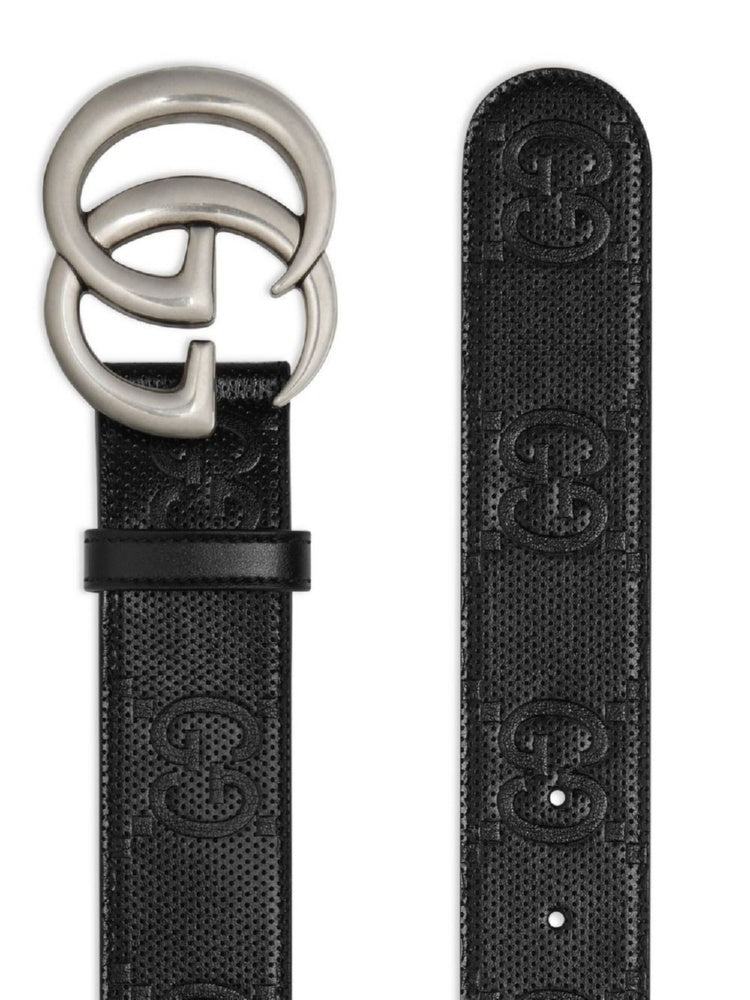 GUCCI Men's Black Embossed Leather Belt with Palladium Double G Buckle