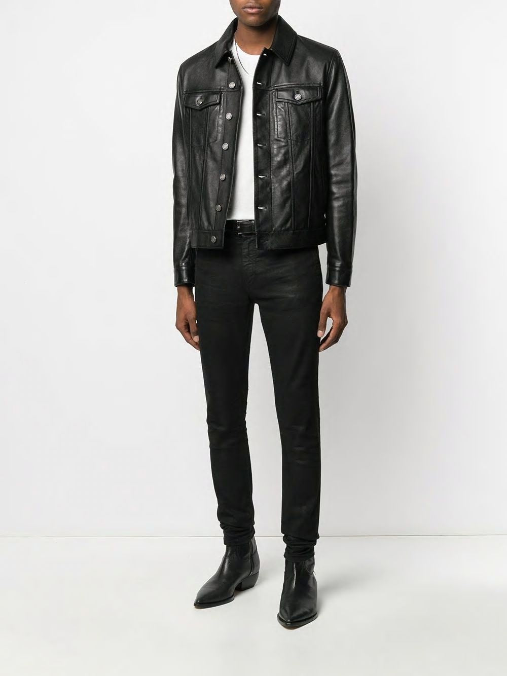 SAINT LAURENT Men's Leather Jacket with Adjustable Waist - Size IT 48