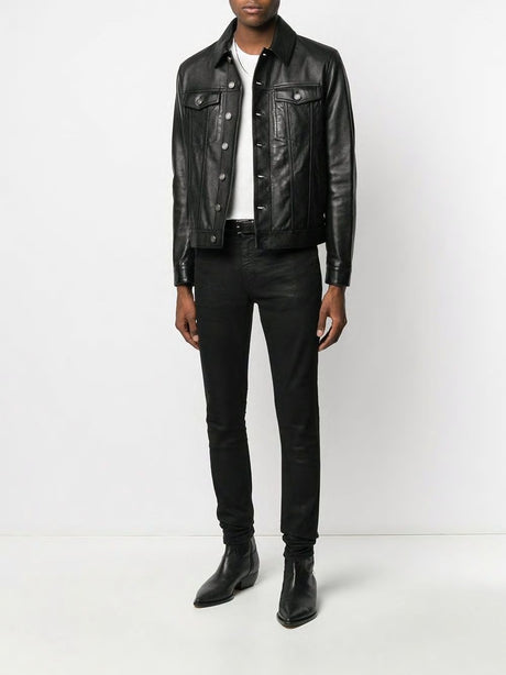 SAINT LAURENT Men's Leather Jacket with Adjustable Waist - Size IT 48