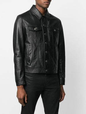 SAINT LAURENT Men's Leather Jacket with Adjustable Waist - Size IT 48