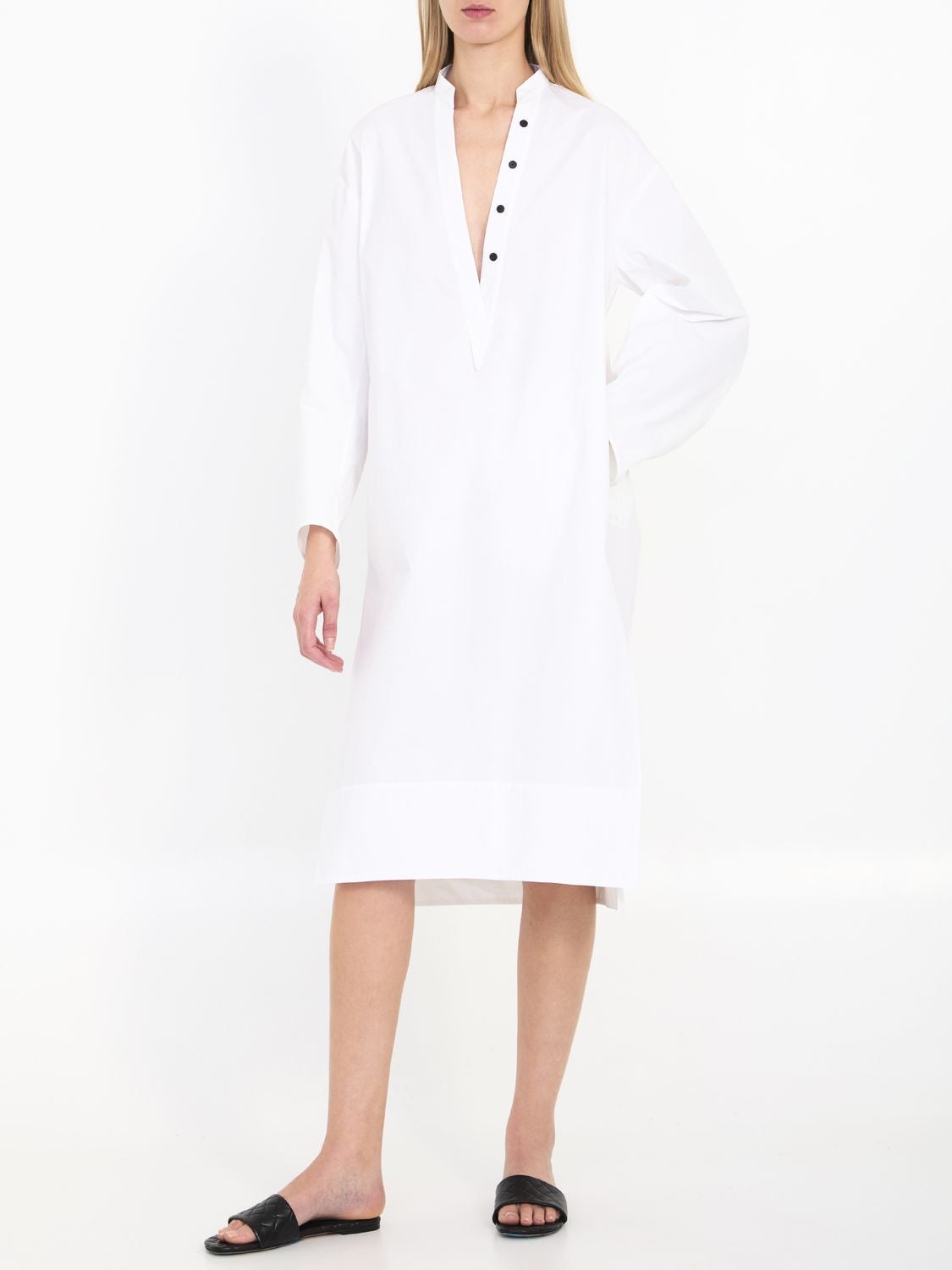 KHAITE Plunging V-Neck Cotton Dress with Button Detailing