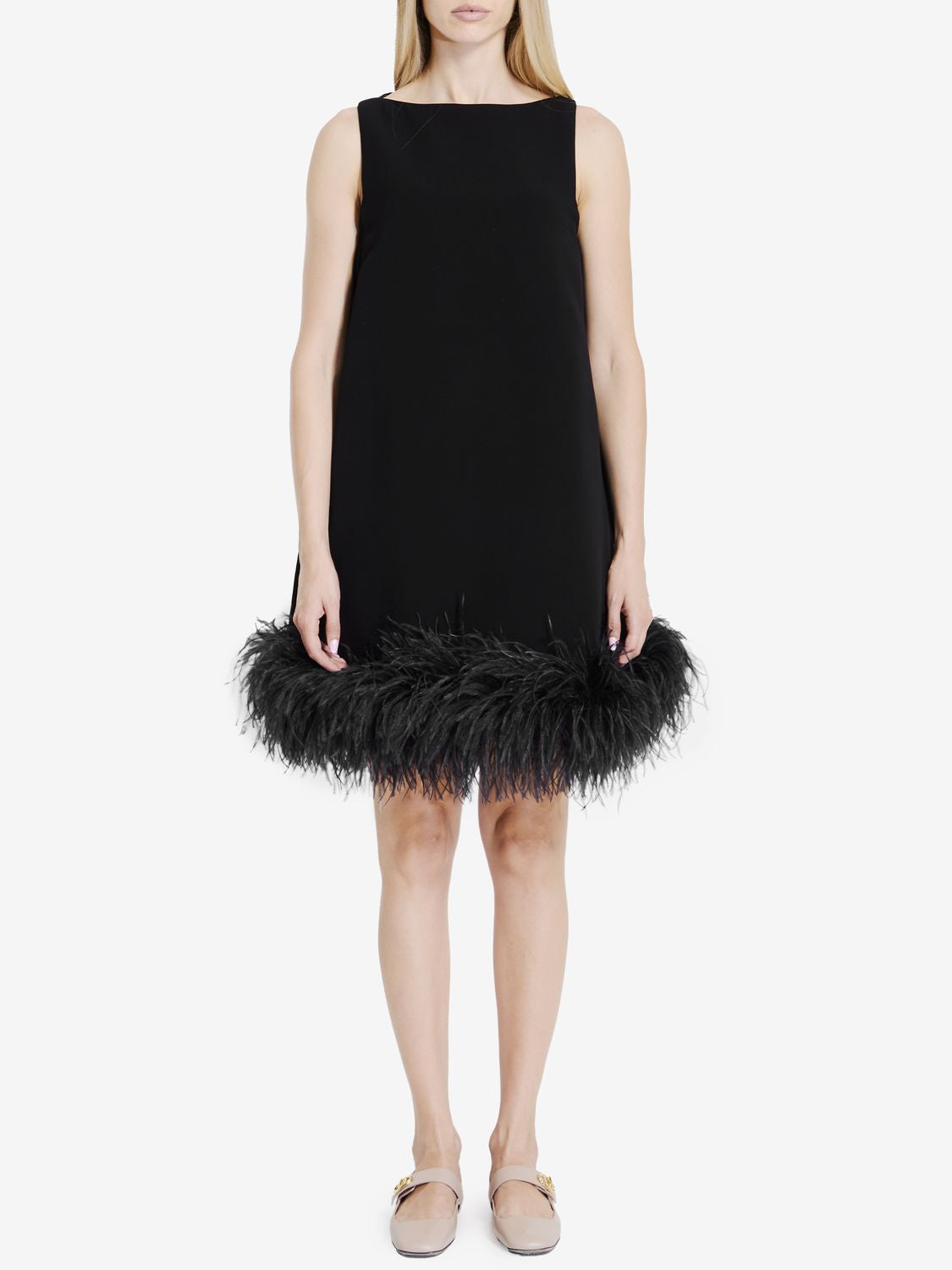 VALENTINO GARAVANI Chic Sleeveless Mini Dress with Feather Hem