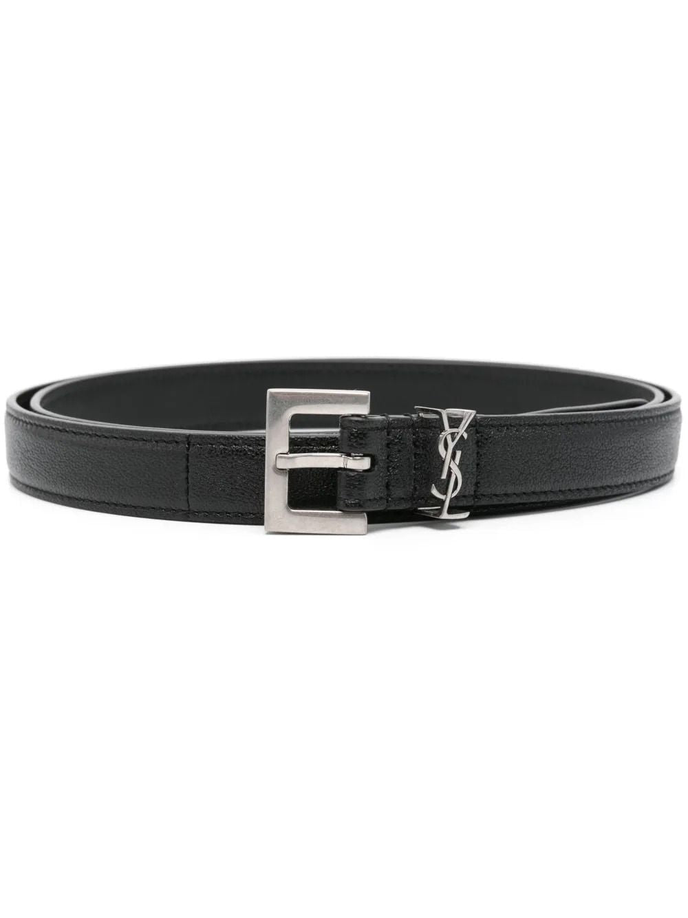 SAINT LAURENT Squared Buckle Smooth Leather Cassandre Thin Belt