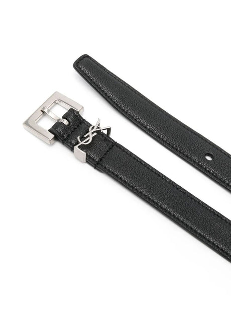 SAINT LAURENT Squared Buckle Smooth Leather Cassandre Thin Belt