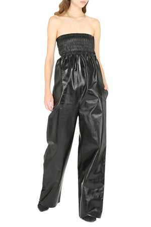 BOTTEGA VENETA Luxe Leather Jumpsuit with Shirred Bandeau Top