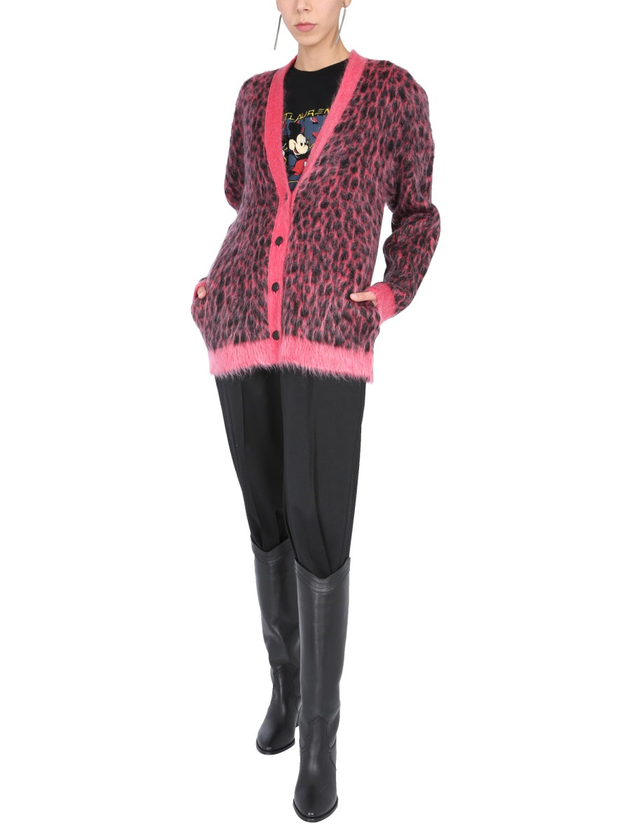 SAINT LAURENT Leopard Jacquard Cardigan with V-Neck Design