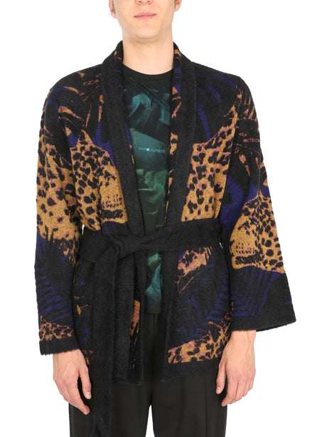 SAINT LAURENT Men's Short Bathrobe with Scarf Neck and Contrasting Edge