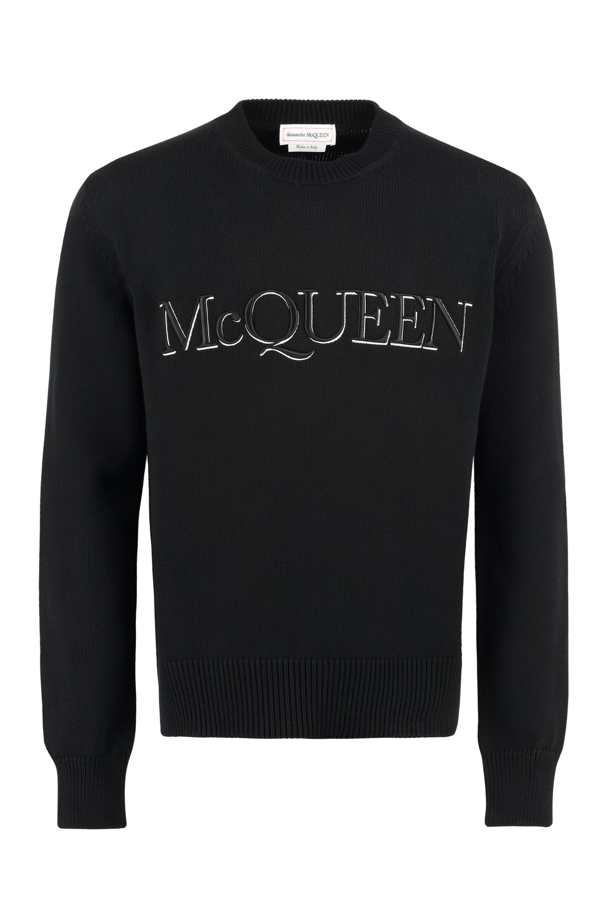 ALEXANDER MCQUEEN メンズブラック綿クルーネックセーター（リブエッジ付き）