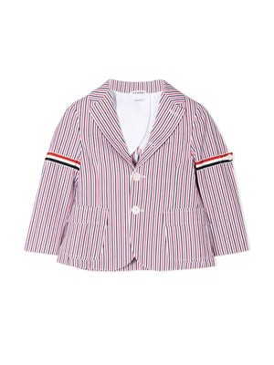 THOM BROWNE Kids' Mini Patch Pocket Sport Jacket with Armbands in Seersucker Stripe