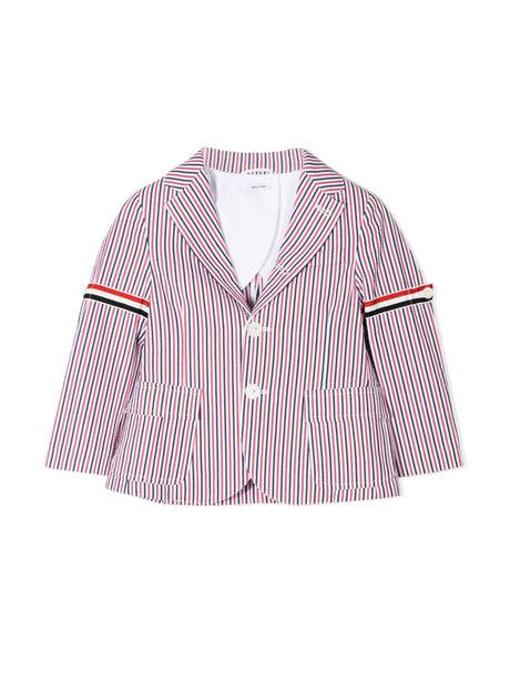 THOM BROWNE Kids' Mini Patch Pocket Sport Jacket with Armbands in Seersucker Stripe