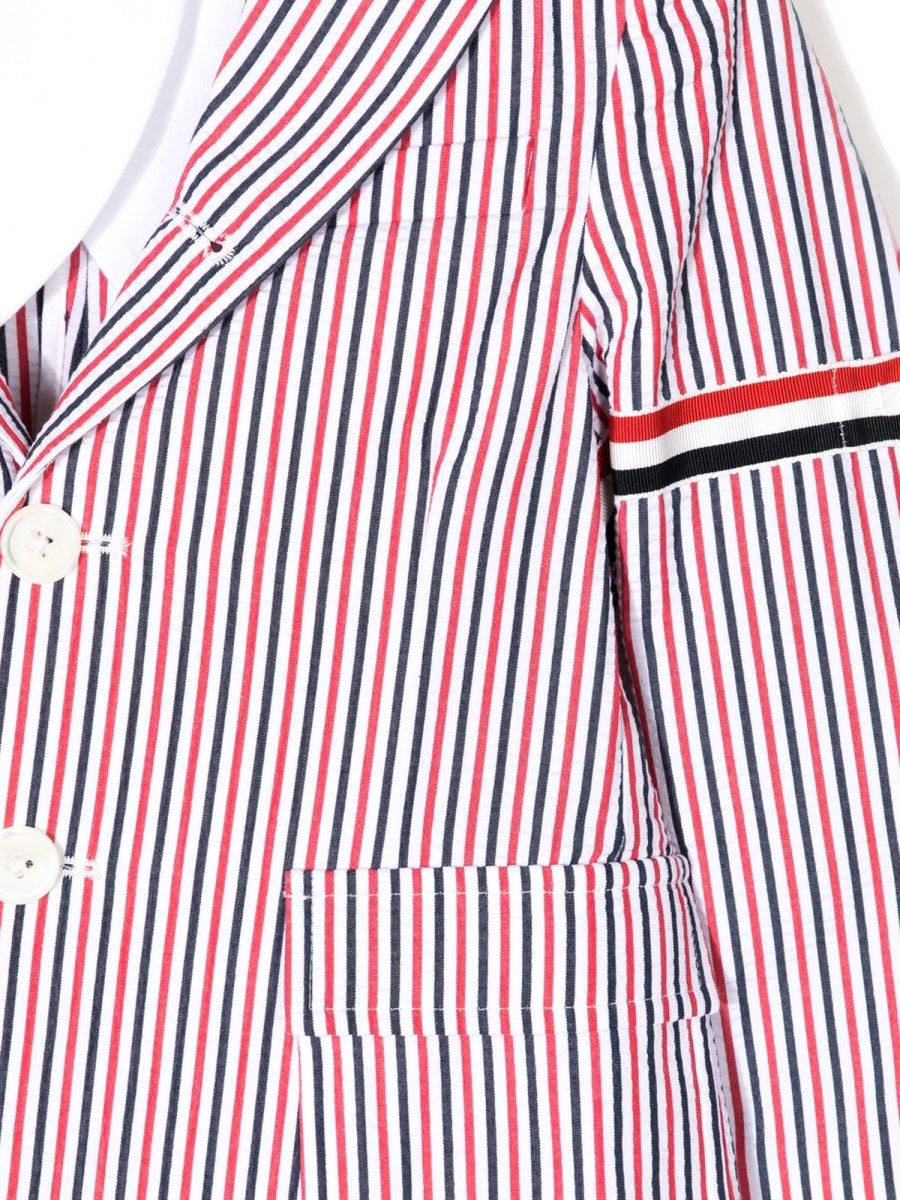 THOM BROWNE Kids' Mini Patch Pocket Sport Jacket with Armbands in Seersucker Stripe