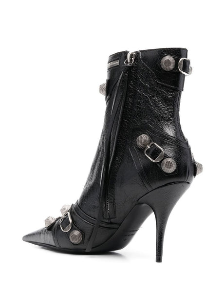 BALENCIAGA Women's Black Pointed Toe Leather Ankle Boots with Stud, Tassel, and Zip Detailing