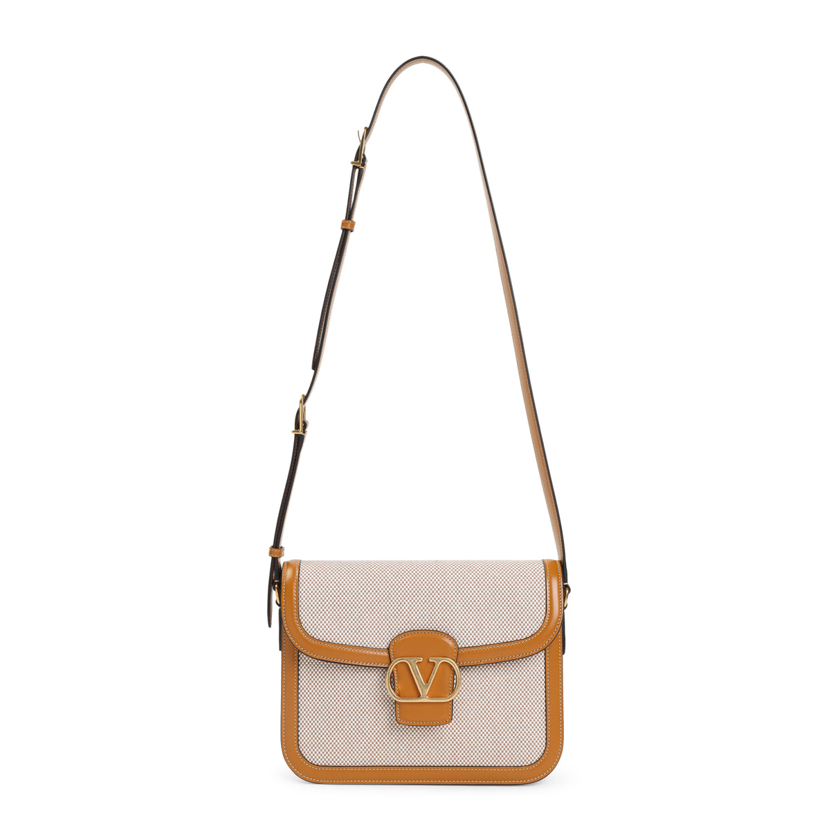 VALENTINO GARAVANI Natural Honey Shoulder Bag with Gold Logo Checks