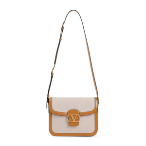 VALENTINO GARAVANI Natural Honey Shoulder Bag with Gold Logo Checks