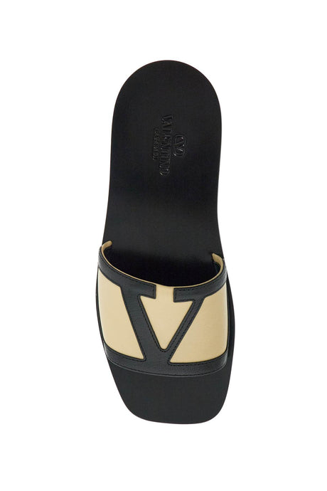 VALENTINO GARAVANI Men's Black and Beige Goat Leather Slippers with Central Strap