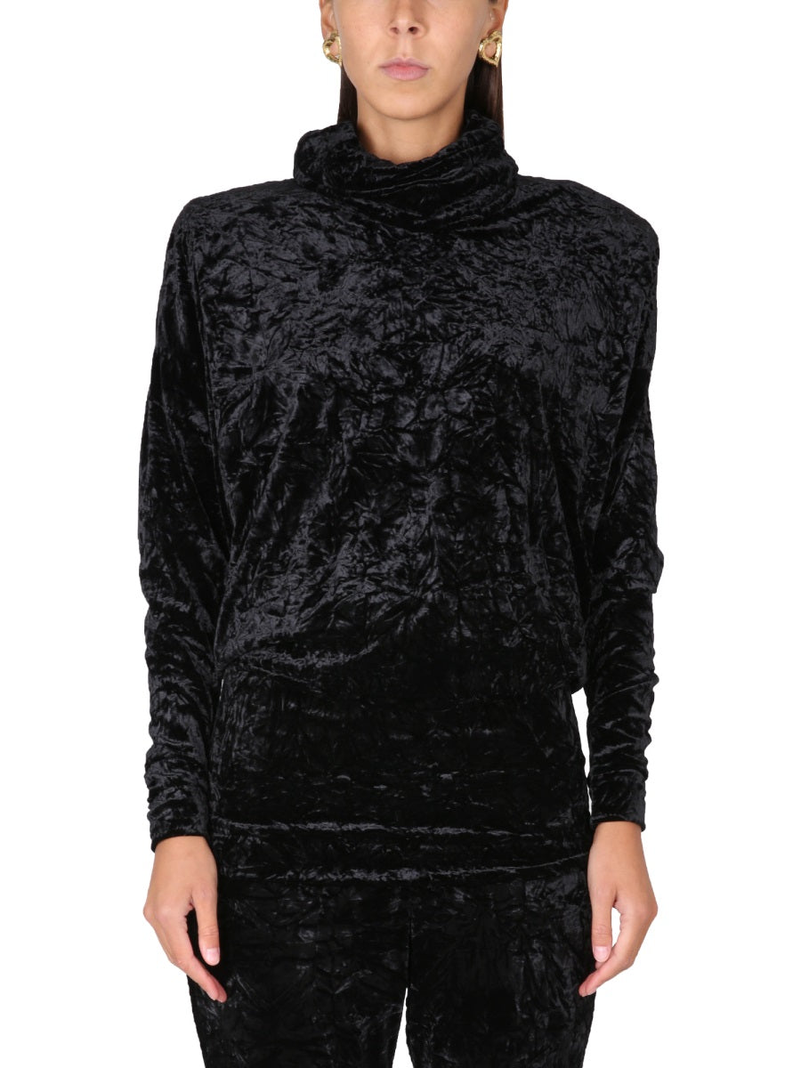 SAINT LAURENT Velvet Turtleneck Top with High Scarf Collar