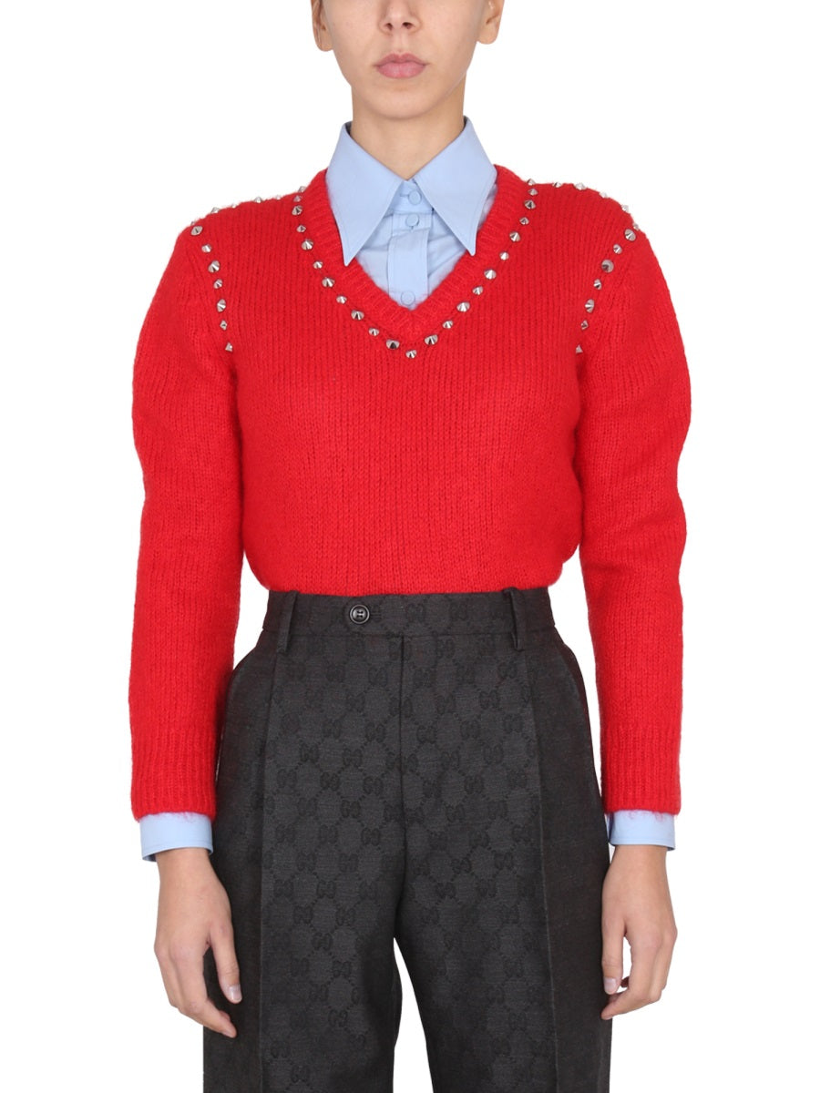 GUCCI V-Neck Studded Mohair Sweater - Women's Fashion