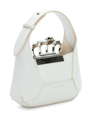 ALEXANDER MCQUEEN Ivory White Mini Leather Hobo Handbag with Swarovski Crystals and Skull Charm