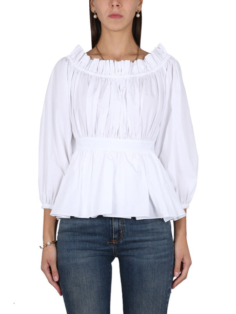 ALEXANDER MCQUEEN Essential Cotton Poplin Top with Round Neckline and Elastic Waist