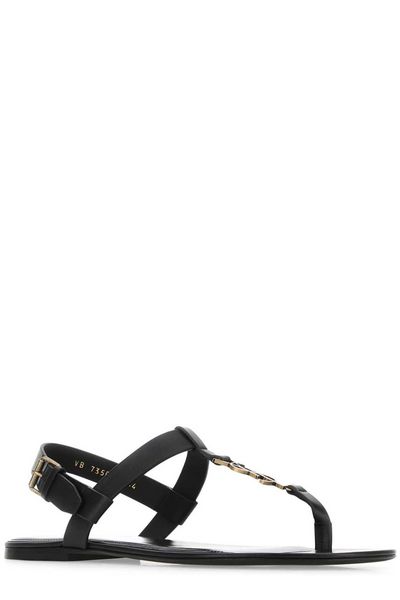 SAINT LAURENT Raffia Logo Plaque Sandals with 0.5cm Heel