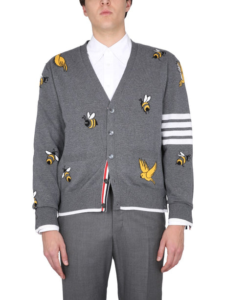 THOM BROWNE Men's V-Neck Cardigan with Nature Motifs