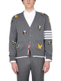 THOM BROWNE Men's V-Neck Cardigan with Nature Motifs