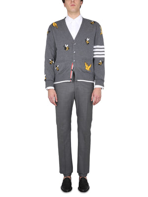 THOM BROWNE Men's V-Neck Cardigan with Nature Motifs