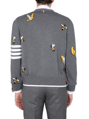 THOM BROWNE Men's V-Neck Cardigan with Nature Motifs