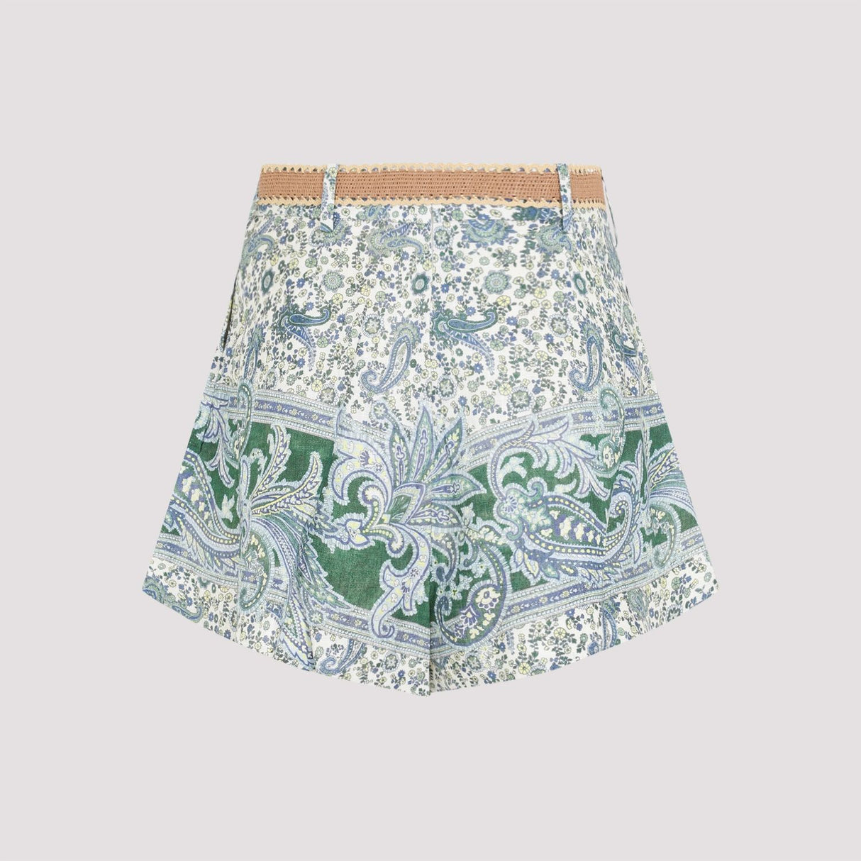 ZIMMERMANN Stylish High-Waisted Linen Shorts with Paisley Print and Raffia Belt