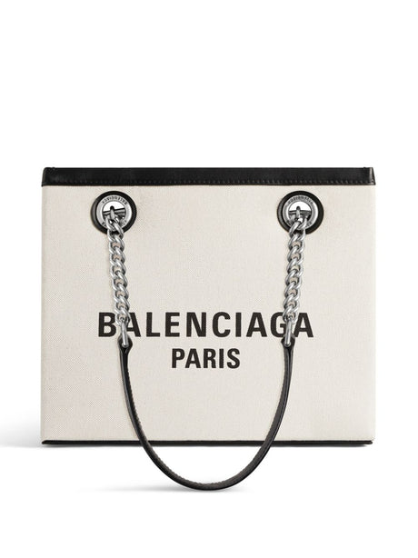 BALENCIAGA ベージュとブラックの小さいキャンバストートハンドバッグ