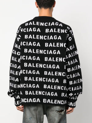 BALENCIAGA メンズロゴ総柄ニットクルーネックセーター