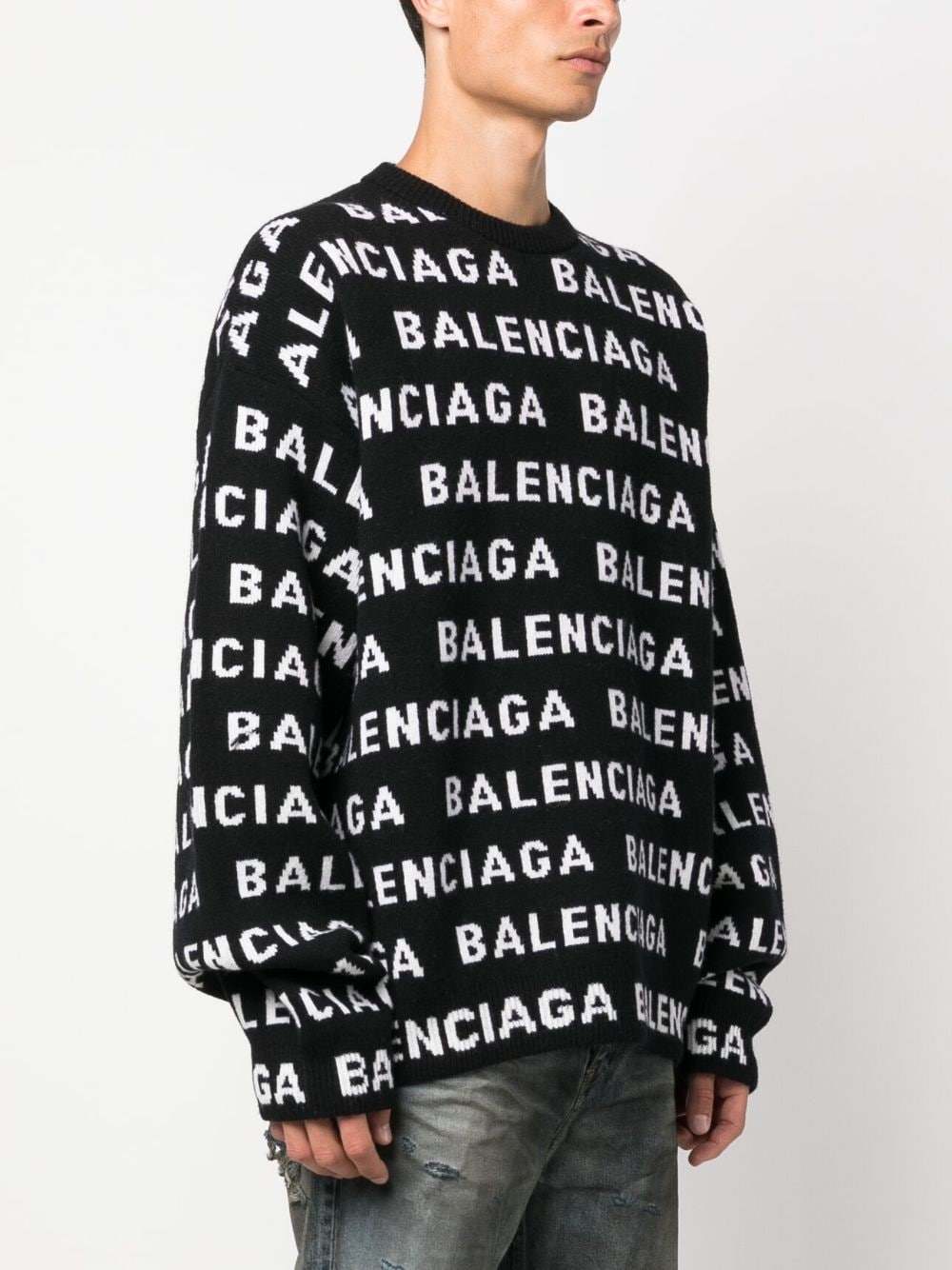 BALENCIAGA メンズロゴ総柄ニットクルーネックセーター