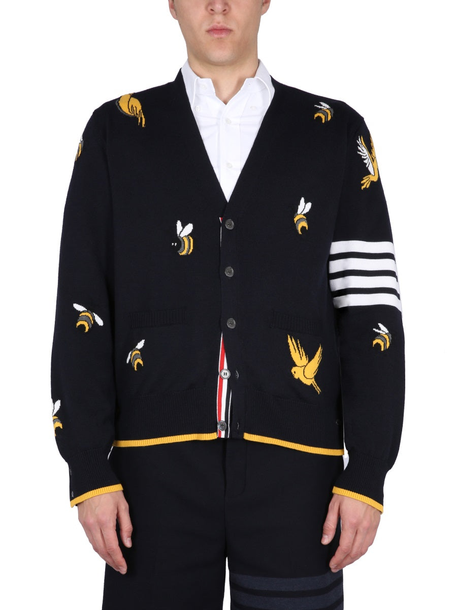 THOM BROWNE Elegant V-Neck Cardigan with Unique Birds and Bees Inlays