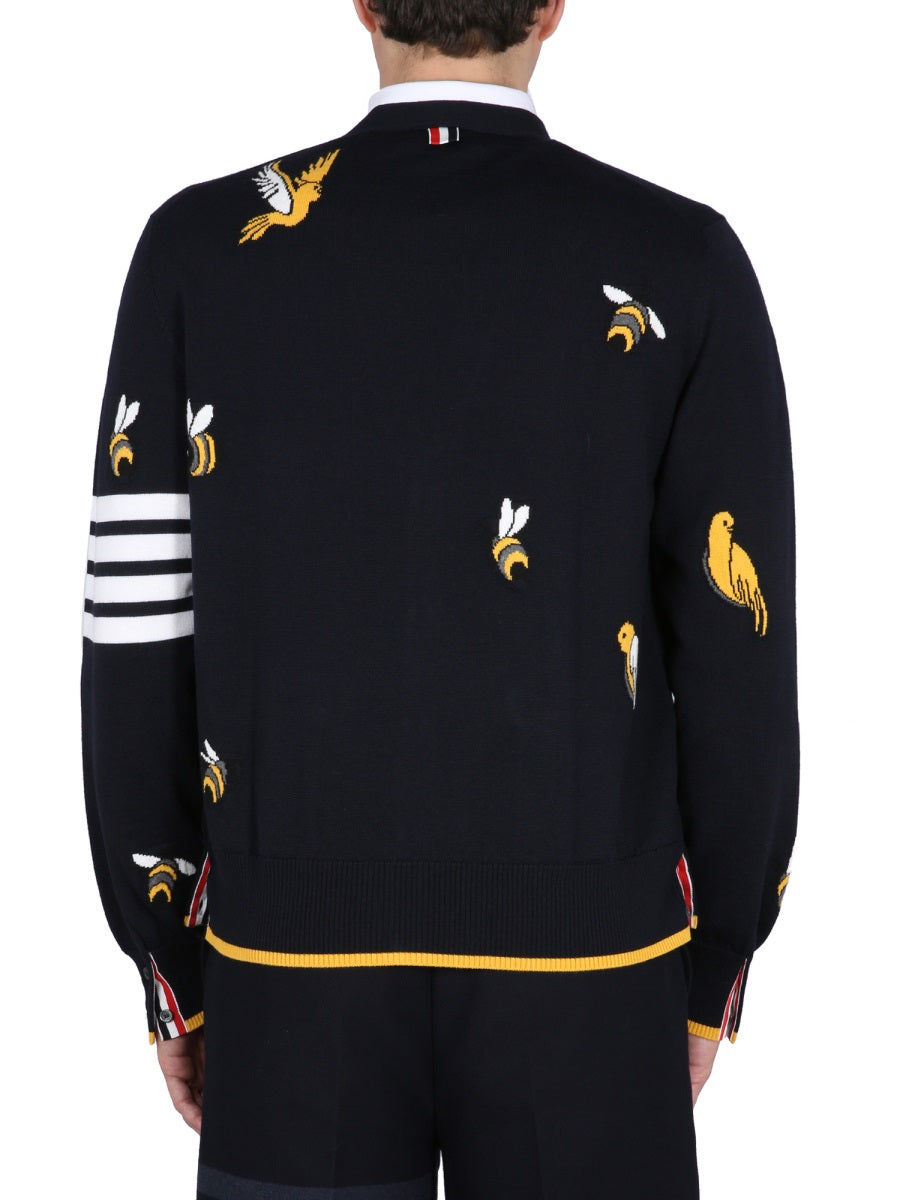 THOM BROWNE Elegant V-Neck Cardigan with Unique Birds and Bees Inlays