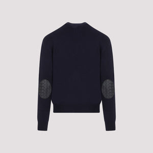 BOTTEGA VENETA Men's Cashmere Crewneck Jumper in Grey with Leather Patches and Intricate Elbow Design