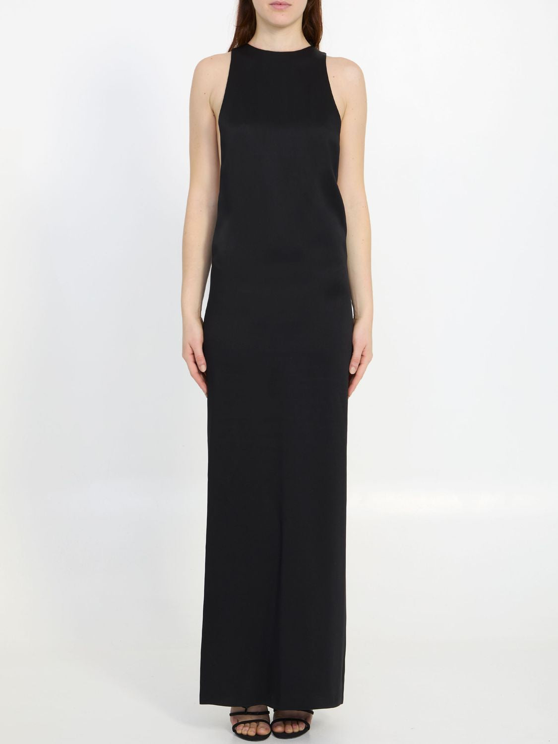 SAINT LAURENT Elegant Long Crepe Satin Dress with Back-Tie