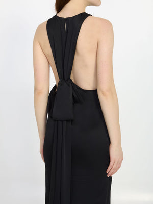 SAINT LAURENT Elegant Long Crepe Satin Dress with Back-Tie