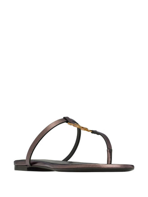 SAINT LAURENT Leather Thong Sandals with Gold-tone Logo Plaque