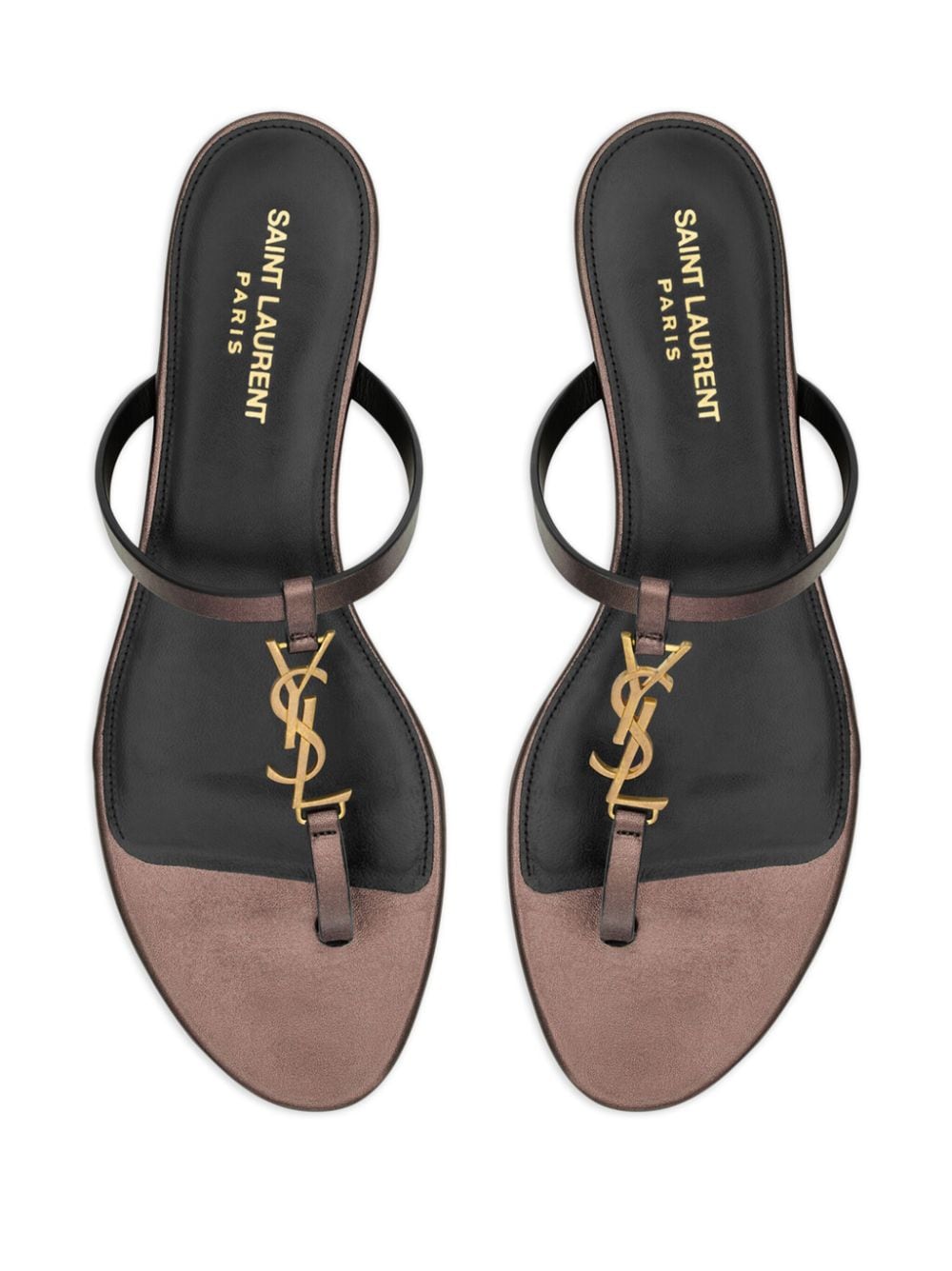 SAINT LAURENT Leather Thong Sandals with Gold-tone Logo Plaque