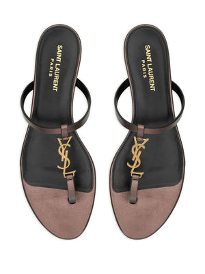 SAINT LAURENT Leather Thong Sandals with Gold-tone Logo Plaque