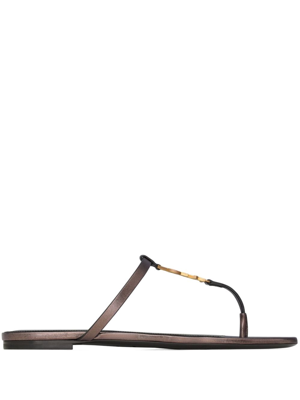 SAINT LAURENT Leather Thong Sandals with Gold-tone Logo Plaque