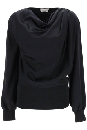 ALEXANDER MCQUEEN Silk Satin Draped Blouse with Cowl Neck and Ribbed Cuffs